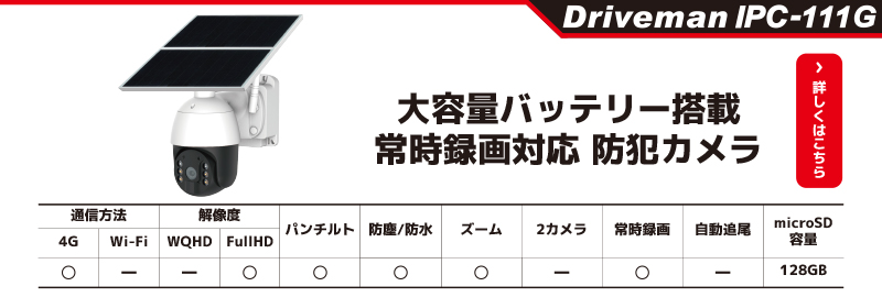大容量バッテリー搭載の防犯カメラIPC-111G